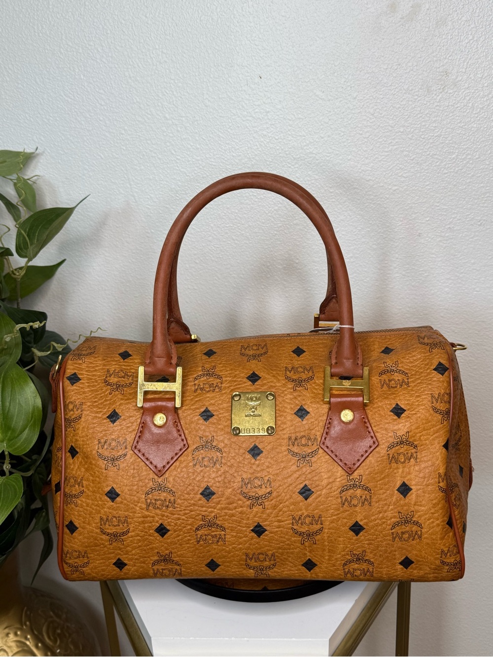 MCM Visetos Boston Speedy Bag Cognac Brown Monogram Leather Top Handle Satchel
